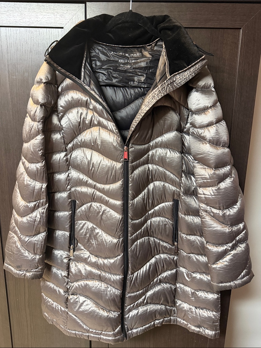Andrew Marc Metallic Pewter Packable Down Coat
